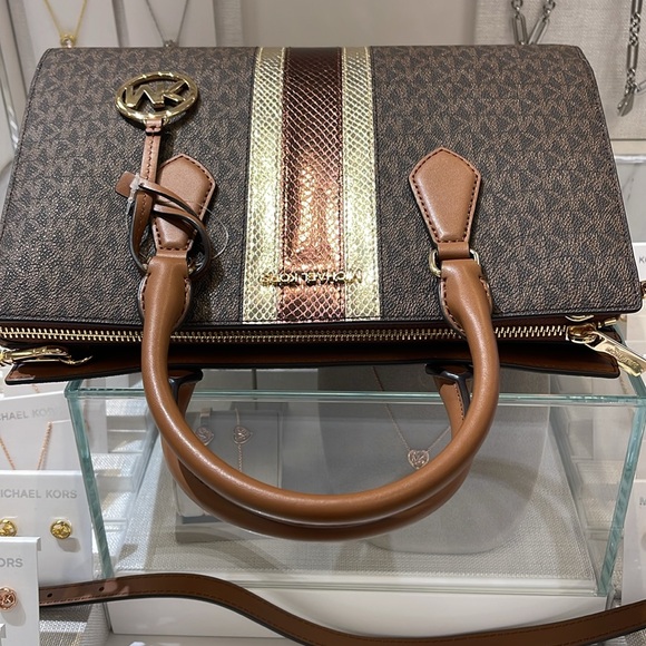 Michael Kors Sheila Medium Signature Logo and Metallic Satchel Crossbody CZ NWT - Picture 9 of 16